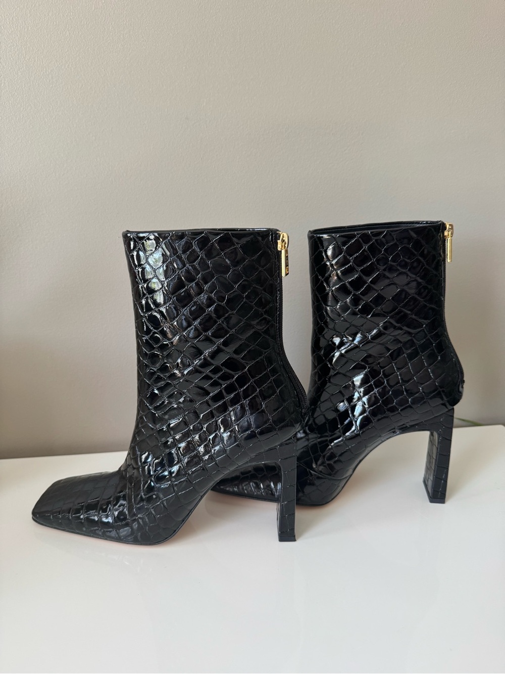 Good American Black Croc-Embossed Square-Toe Block Heel Ankle Boots, 7.5 - Picture 2 of 4